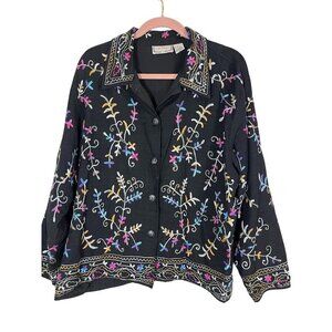 Vintage Silk Floral Jacket XL Black FLoral Boho Western Colorful Cottagecore 80s